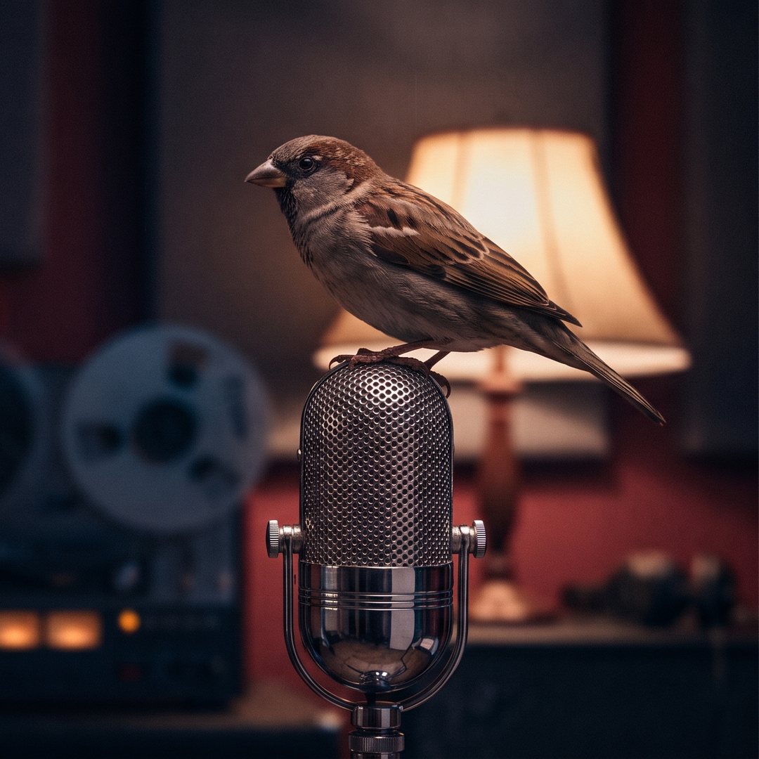 A sparrow perched on a vintage studio microphone